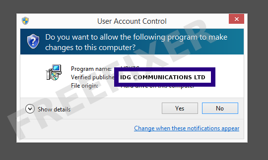 Screenshot where IDG COMMUNICATIONS LTD appears as the verified publisher in the UAC dialog
